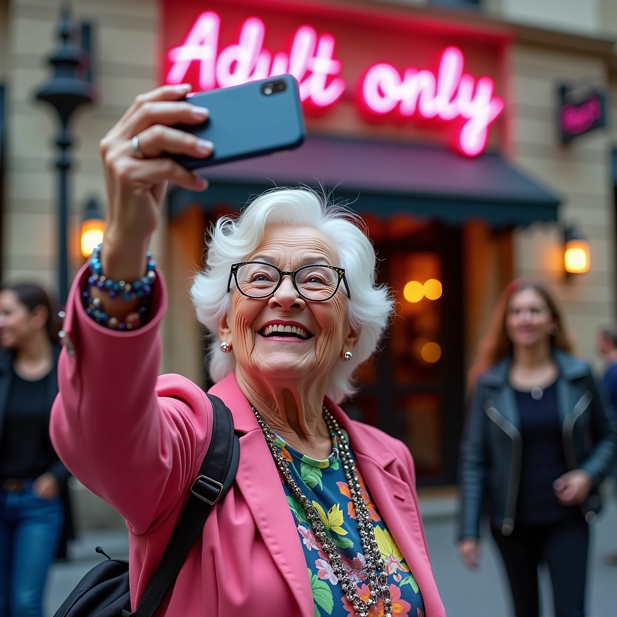 A photorealistic image captures a charmingly humorous and slightly cheeky scene where a grandmother, dressed in casual but stylish attire, is taking a selfie in front of a venue specifically for adults.

The grandmother is beaming with a broad, cheerful smile as she holds up her smartphone to take the selfie. She has an air of playful mischief about her, adding a lighthearted tone to the situation. Her outfit is colorful and trendy, contrasting with the setting.

In the background is a venue with a neon sign or flashy decor indicating it is for adults only. This could include elements like a chic bar, a lounge, or a nightclub with a sign or marquee that reads “Adults Only” or something similar. The exterior of the venue has a stylish, somewhat upscale appearance, with modern design elements that make it stand out.

The scene is set in a lively urban environment, with bright, clear daylight and bustling activity around the area. Passersby in the background might be giving curious or amused glances, adding to the humorous contrast between the grandmother’s innocent selfie and the adult-themed venue behind her.

The overall tone of the image is playful and endearing, capturing a moment of lighthearted fun as the grandmother takes a selfie in a setting that is unexpectedly juxtaposed with her cheerful demeanor. The bright lighting and vibrant surroundings add to the whimsical nature of the scene.
