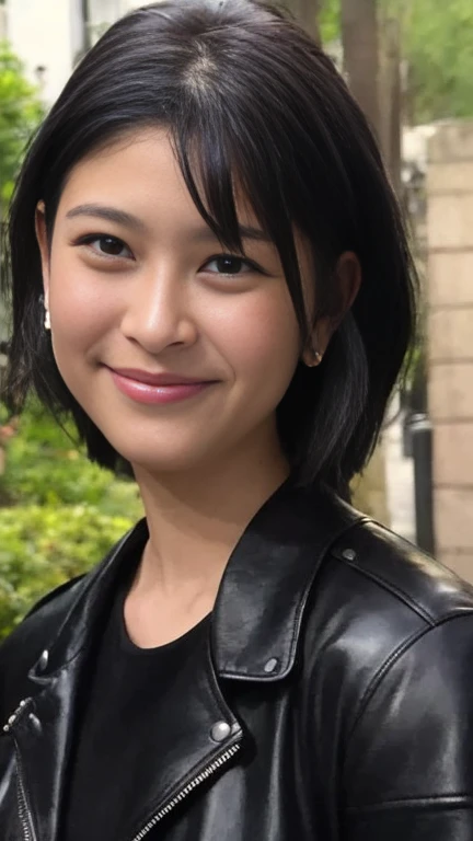 Highest quality, 8. Fuller Face、((big 1.6))、((Black leather clothing))、A kind smile、leather jacket、