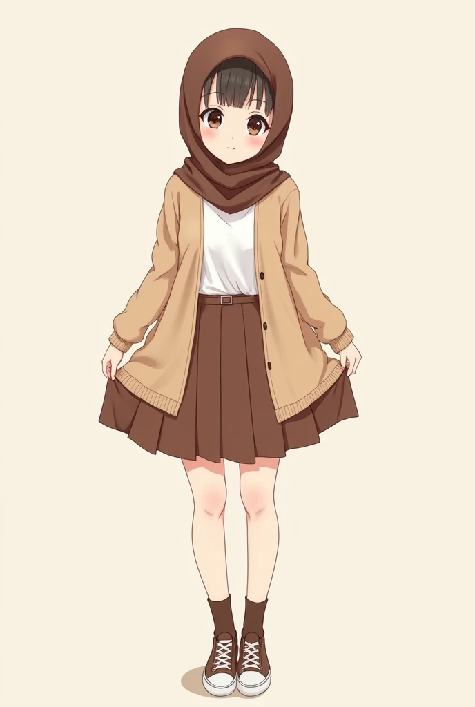 Anime with text:
(masterpiece, best quality, 4k, expressive eyes, perfect face, 2d style, flat style, hand drawn), Cute and adorable face, big detailed eyes,, Cute anime girl, big breast, thick thighs, with brown hijab on, ((brown Hijab)), bangs, wearing oversized beige cardigan, white shirt, brown skirt, ((brown socks, long socks)), sneakers, showing her panties, pulling up her skirt, upskirt, exposed legs, white underwear
