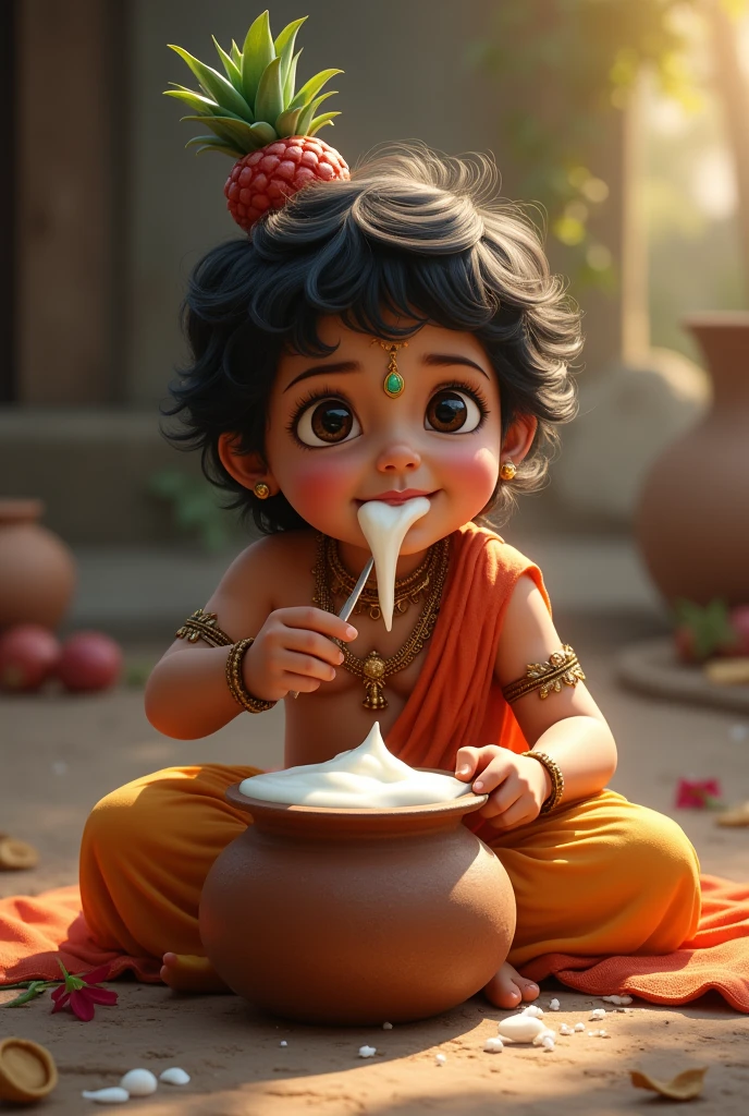 The image involves little Krishna which is at kid age. And he is eating curd from the pot like ancient times. Nd he is looking very innocent and attractive.