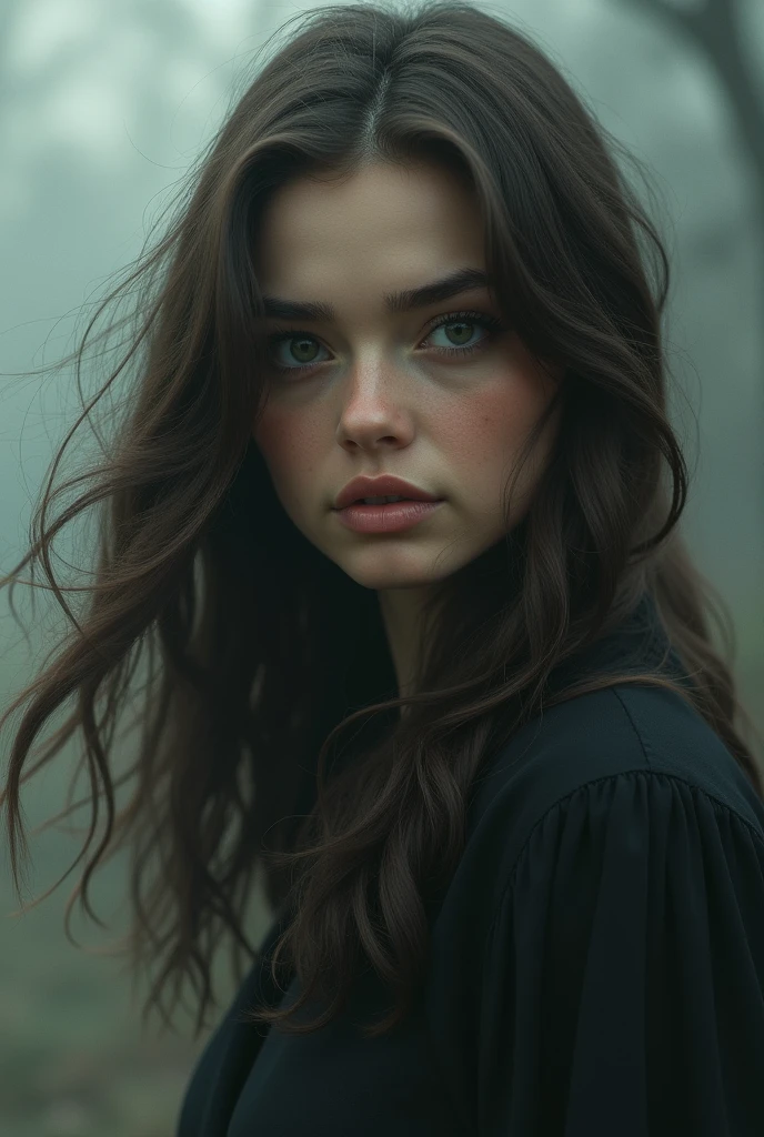 Young Female, average height, brown hair, mysterious, serious