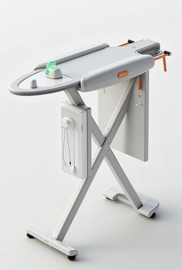 Ironing board with integrated steamer, adjustable height and angle, oldable and portable, (compact, foldable ironing board that can be easily stored or transported, with features like a handle and lightweight materials.), storage compartments (Add built-in storage compartments or shelves for holding iron accessories, spray bottles, and fabric protectors.), Design the ironing board so that it can be transformed into a garment rack or a hanging station for clothes, with hooks or adjustable bars