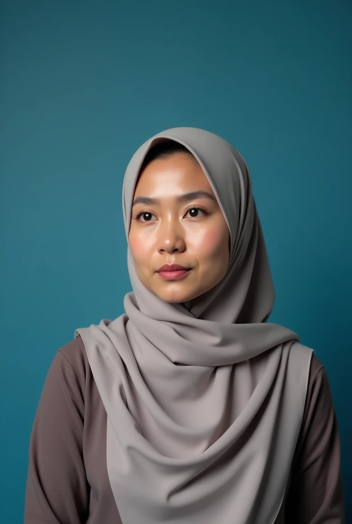 Half body portrait .Hijab girl in studio . Two light photography. Shoot by canon r1. Two soft light come from godox v1.. blue background. pink lips. flat nose. Broad forehead . Wear a scarf. Clean eyes. 40 years old. A Johor woman from a Malaysian village. Indonesian kacuk. Studio light photographer. soft light
