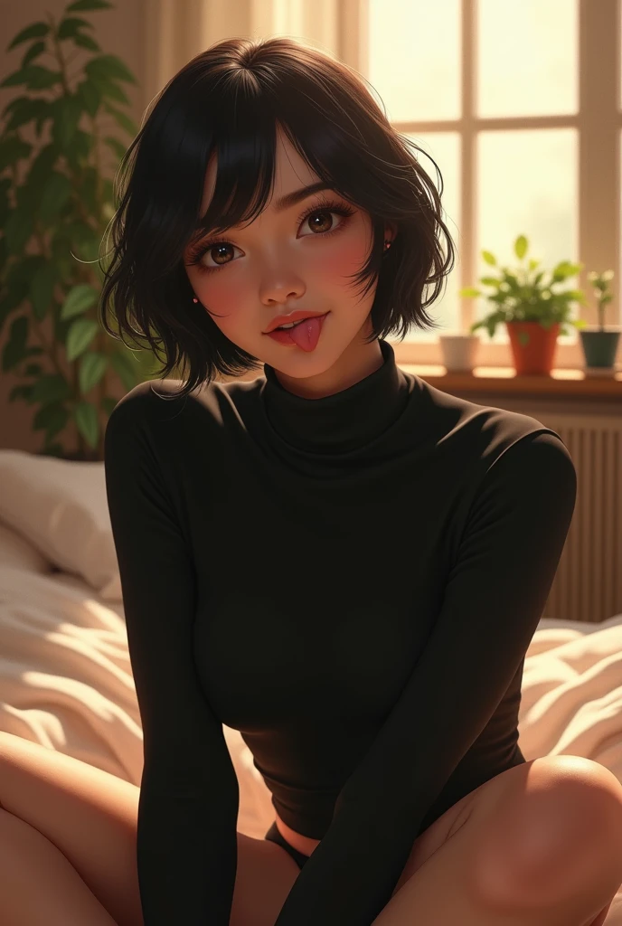 (photorealism:1.2), beautiful girl, sitting on bed, wearing black turtleneck, facing forward, short hair, indoors, soft lighting, plants in background, window with sunlight, cozy room, squat pose, realistic, intricate details, warm colors, by Greg Rutkowski, by Alphonse Mucha, smile facebody hot, cute girl big breast sexy girl short skirt, sticking of the tongue
