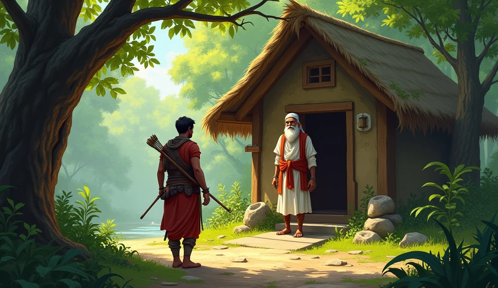 Sage Bhaskar welcoming Arav: Depict Sage Bhaskar standing at the entrance of his hut, warmly welcoming Arav , a strong fighter .arav should carry his bow and a small pack, The sage should have a gentle smile, and the surrounding for surrounding forest should be lush and calming.