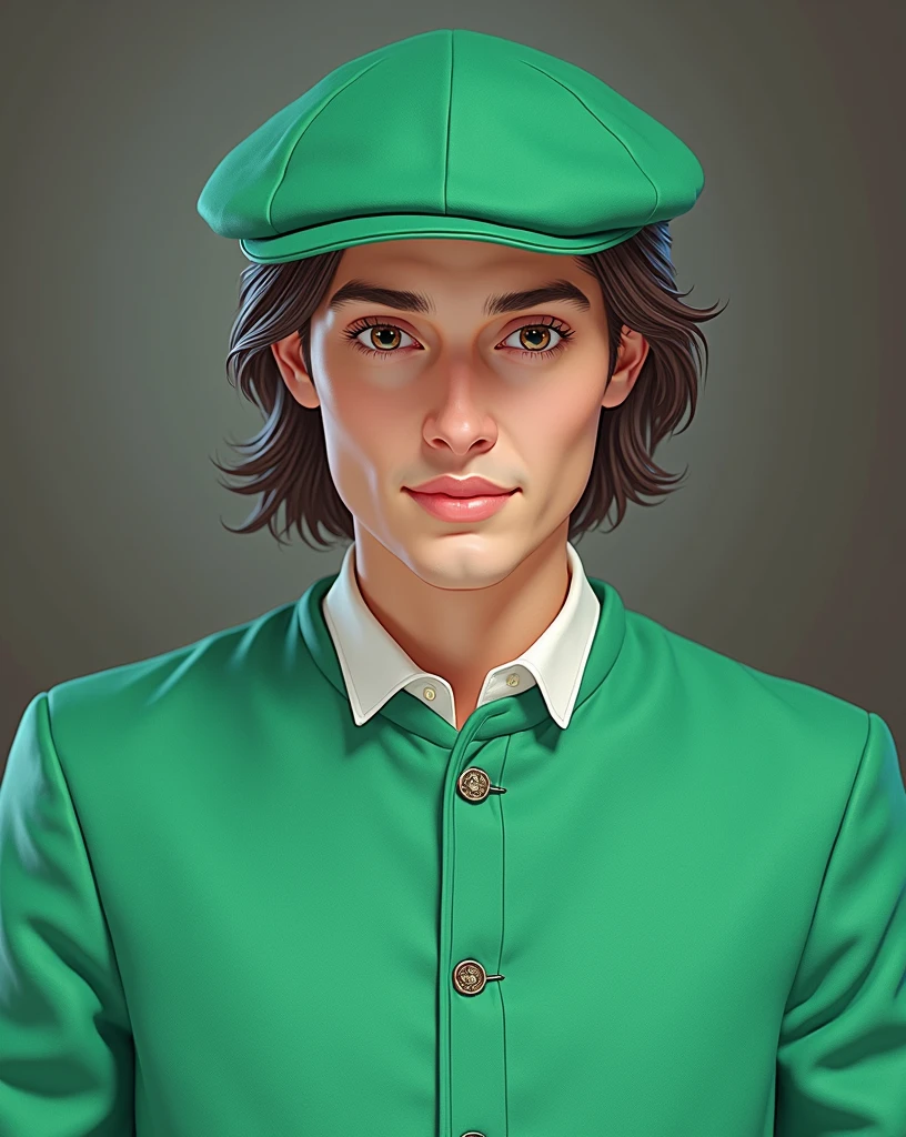 remove the hat and the green shirt, switch it with human hair and formal attire. 
