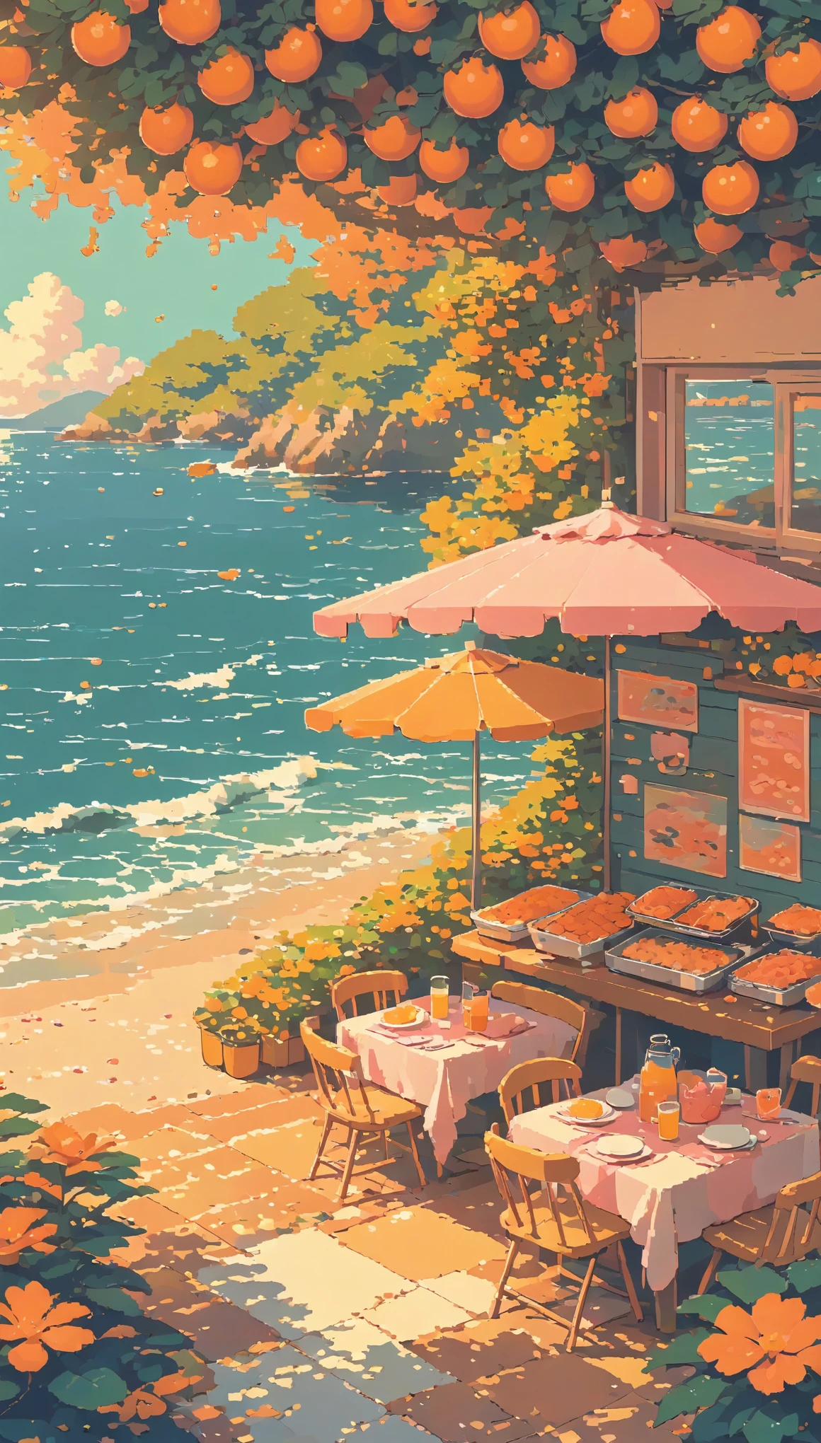 lofi pixel, No people ,Cozy,Orange Pink ,sea food