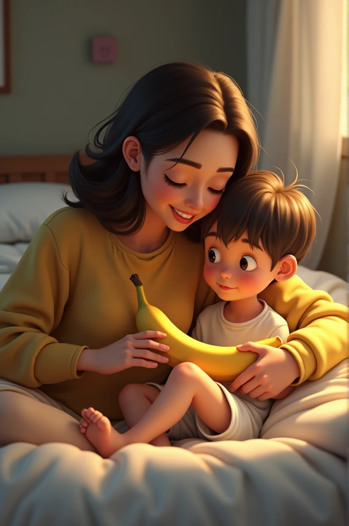 Mother and son are sitting on the bed of the room with banana in hand