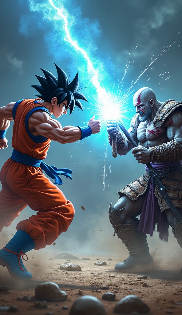 In a dust-filled arena, Son Goku and Kratos clash with earth-shattering force. Goku unleashes a Kamehameha, its blue light slicing through the night, while Kratos, driven by seething fury, deflects the attack with his blood-stained axe. Each combatant fights with profound determination and emotion, their every move reflecting their inner struggles. Explosions of energy and thunderous impacts break the night’s silence, creating a battle that transcends mere combat—an intense display of strength and resolve from two unyielding souls.