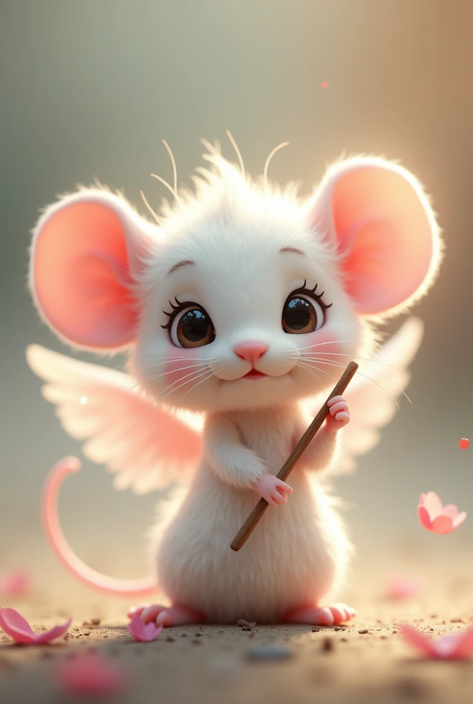 Cute white mouse with big eyes and angel wings holding a magic wand with pink wings.