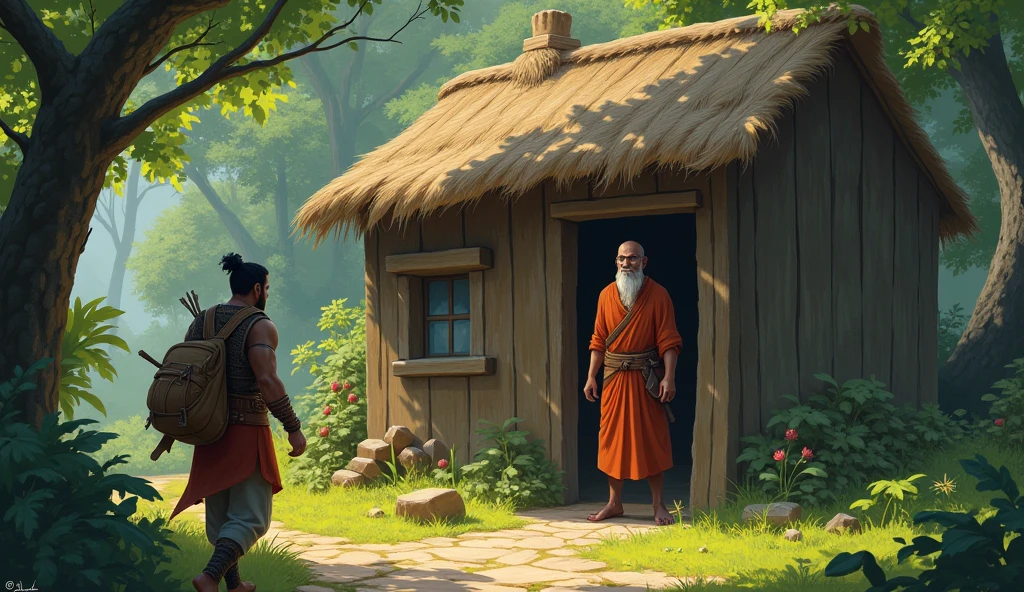 Sage Bhaskar welcoming Arav: Depict Sage Bhaskar standing at the entrance of his hut, warmly welcoming Arav , a strong fighter .arav should carry his bow and a small pack, The sage should have a gentle smile, and the surrounding for surrounding forest should be lush and calming.