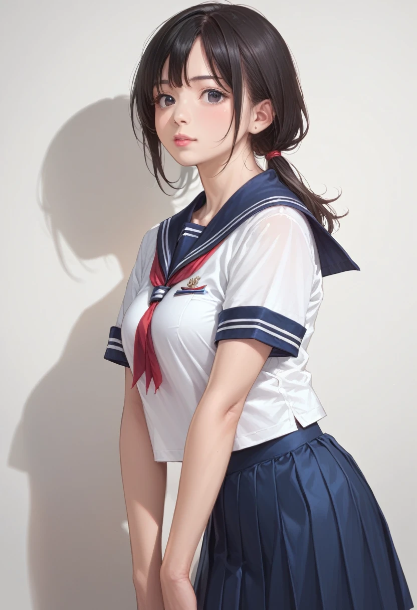 (score_8, score_8_up,source_anime,masterpiece,highest quality,Perfect Anatomy,Exquisite detailed:1.1)(photo realistic:1.2)raw photo,1 girl,,Japanese,medium breasts,black eyes,black hair,low ponytail,sailor suit,dark blue sailor collar,white shirts,short sleeve,dark blue skirt