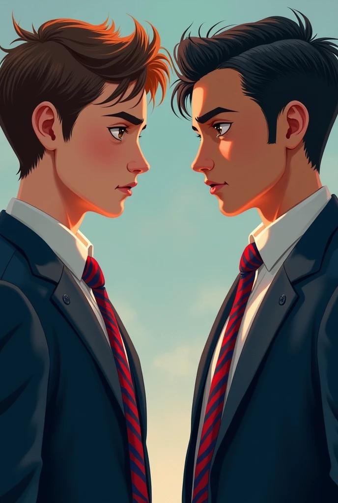 image of 2 boys in their school uniform white long sleeves with red and blue striped neck tie and dark blue blazer. one on the right has short slick back black hair, brown eye, chiseled jaw and diamond shaped face well build, a height of 6'1 feet and has olive skin tone, he's italian-german. the other one on the right has neck length wavy brown hair, hazel eye, soft chiseled heart shape face, a height of 6'0 feet, he's italian and has lighter olive skin. both of them on side view looking at each other angrily. 