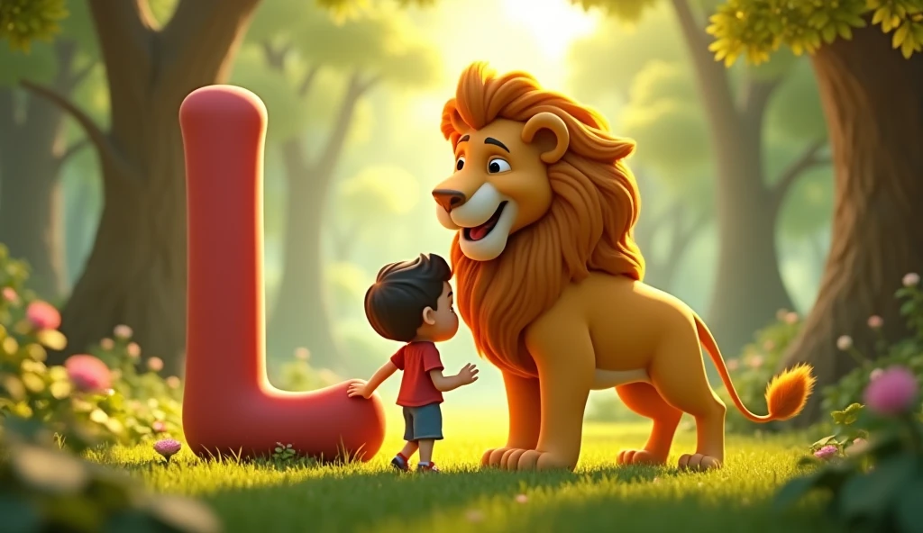Create an animated image for alphabet L and an talking Lion and with plying lion with animation 3D
