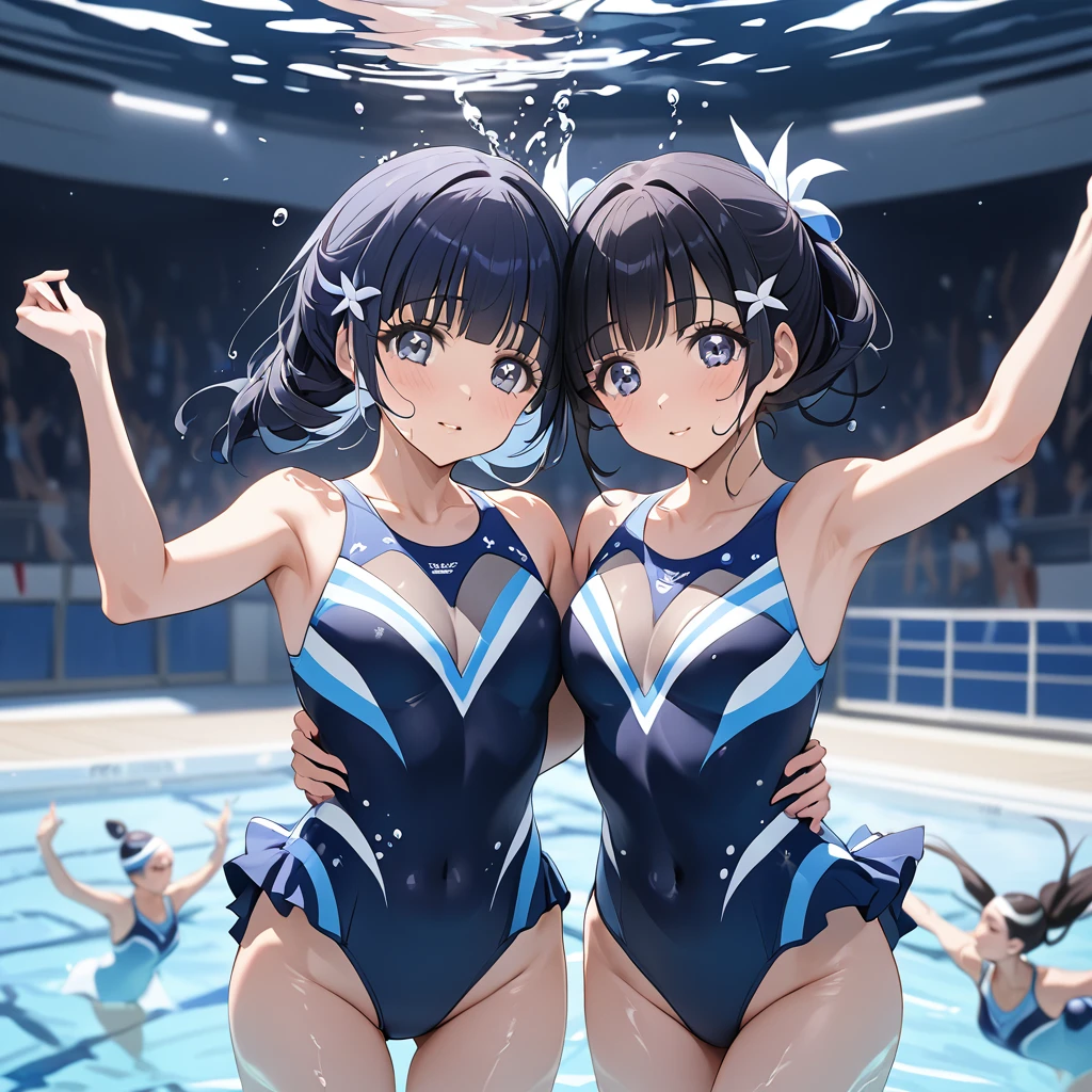 ((Highest quality)), ((masterpiece)), (detailed), (Perfect Face)、The woman is Reika Aoki with semi-long hair、The woman is wearing a synchronized swimming costume and doing synchronized swimming.