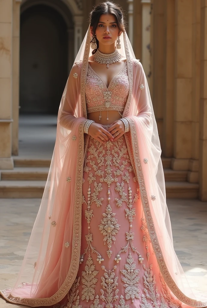 So i want a saree with intricate embroidery of pearls, sequin crystal and beads with organza and net as material used with an extra dupatta for head and color should be baby pink and bit more detailed