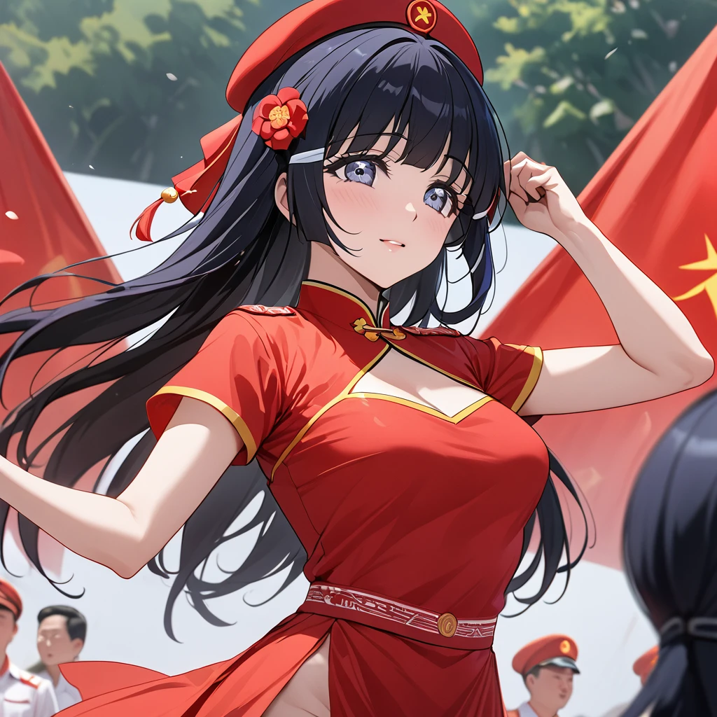 ((Highest quality)), ((masterpiece)), (detailed), (Perfect Face)、The woman is Aoki Reika, has medium-long hair and is a member of the Chinese Communist Party.、A woman wears a Communist Party of China dance costume and performs at a Communist Party rally.