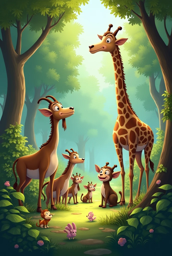 Monkeys,goats,giraffe and the small animals are standing in the forest
