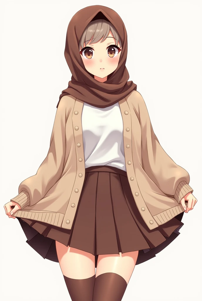 Anime with text: 
(masterpiece, best quality, 4k, expressive eyes, perfect face, 2d style, flat style, hand drawn), Cute and adorable face, big detailed eyes,, Cute anime girl, big breast, thick thighs, with brown hijab on, ((brown Hijab)), bangs, wearing oversized beige cardigan, white shirt, cleavage, brown skirt, ((brown socks, long socks)), sneakers, showing her panties, pulling up her skirt, upskirt, exposed legs, white underwear 