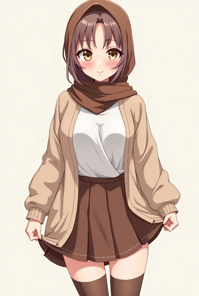 Anime with text:
(masterpiece, best quality, 4k, expressive eyes, perfect face, 2d style, flat style, hand drawn), Cute and adorable face, big detailed eyes,, Cute anime girl, big breast, thick thighs, with brown hijab on, ((brown Hijab)), bangs, wearing oversized beige cardigan, white shirt, cleavage, brown skirt, ((brown socks, long socks)), sneakers, showing her panties, pulling up her skirt, upskirt, exposed legs, white underwear