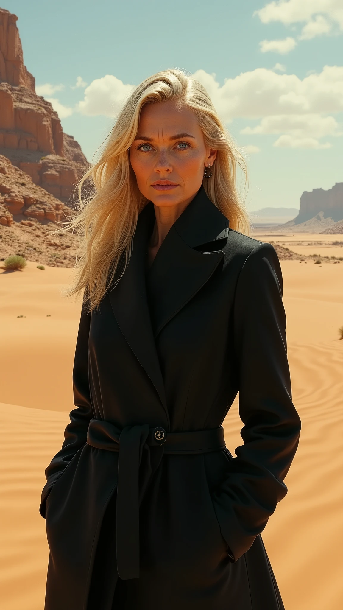 woman in her 50s, blonde hair, black coat, in the desert. detailled, photorealistic