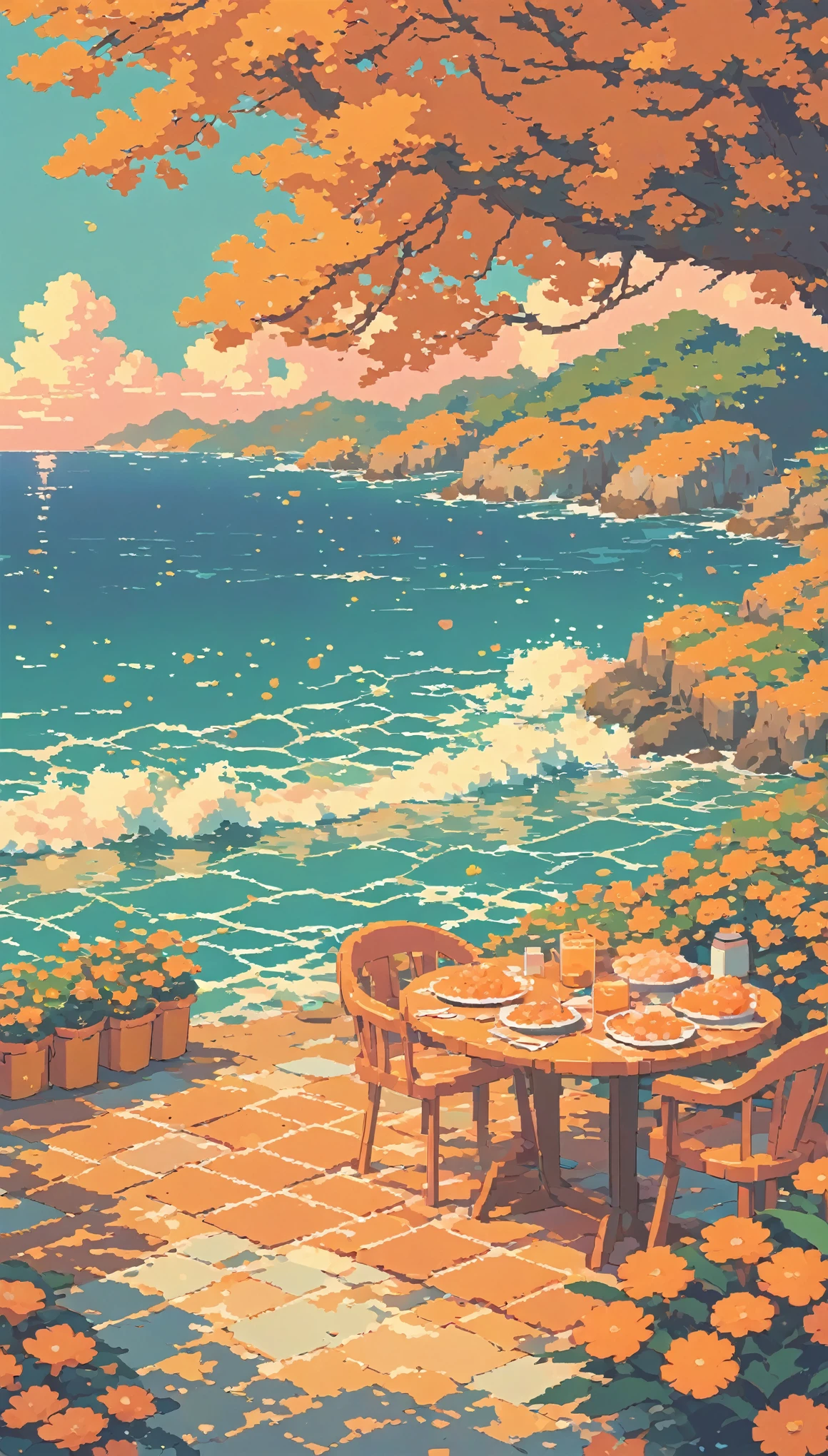 lofi pixel, No people ,Cozy,Orange Pink ,sea food