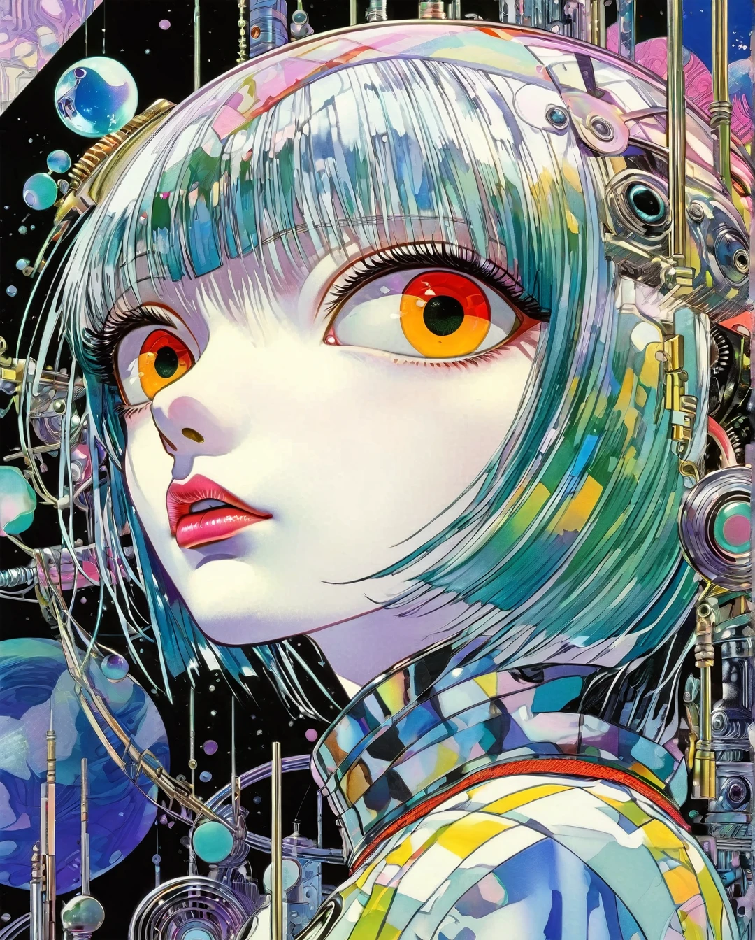Art style by Hajime Sorayama, Art style by Hiroshi Nagai, (Masterpiece, Top Quality, Super Detail, High Resolution, Best Illustration), 1990s (style), 1980s (style), retro art style, Highest image quality, (Masterpiece, top quality, super detail, high resolution, best illustration), vintage, 1990s \(style\), dynamic angle,  Art style by Shintaro Kago, A character with a surreal, fragmented face, where each piece is rearranged like a puzzle. The skin is porcelain-like with unnatural, glossy reflections. Some pieces are missing, revealing a complex machinery beneath, juxtaposing organic and mechanical elements. The background is a chaotic, black-and-white geometric pattern that distorts perspective.
