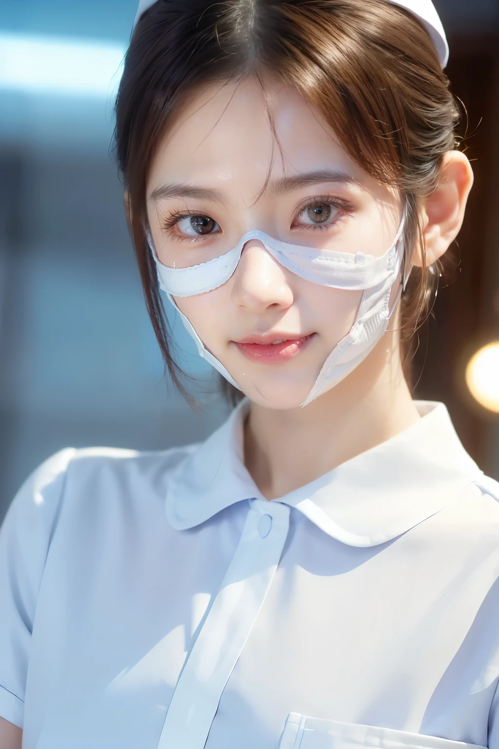 (Tabletop、highest quality、32K、Award-winning works、Ultra-high resolution)、(One beautiful nurse:1.1)、(The perfect white nurse uniform:1.1),hair bun,Shiny, beautiful hair,Accurate anatomy,(Strongly blurred white background:1.1),(very bright white lighting:1.1)、(Close-up of face:1.3),Perfect beautiful makeup,Spectacular Cinema Lighting、Tyndall effect,(standing elegantly:1.1),(Shining white skin:1.1)、Shiny beautiful skin、Radiant Skin,No mask on face,Beautiful facial skin,No foreign objects on the skin.,