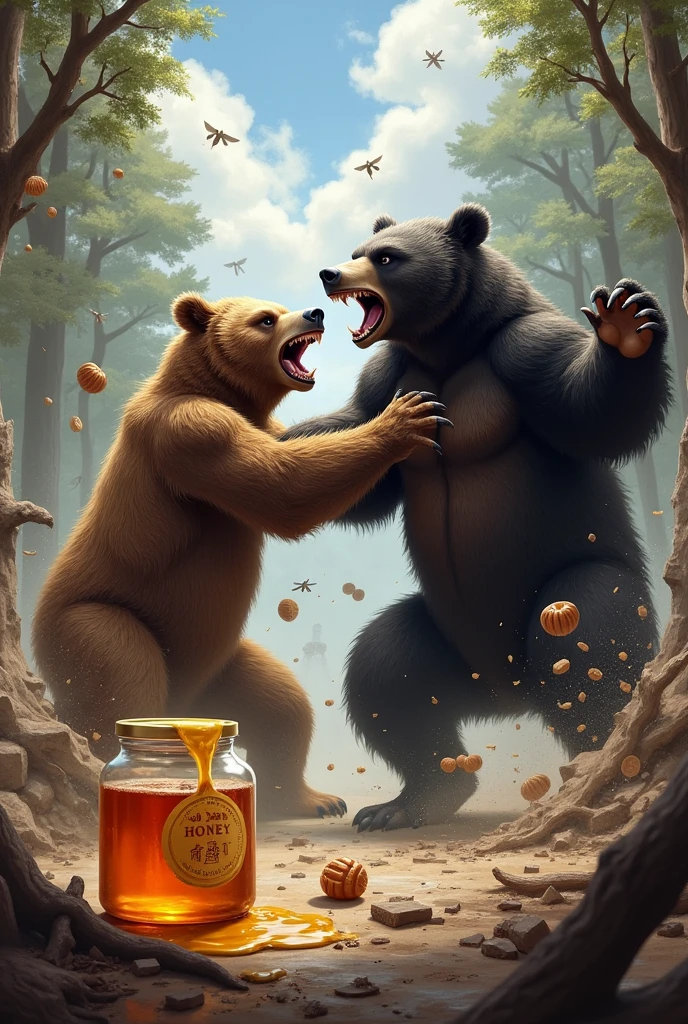 A fierce battle between a brown bear and a black bear、Destroyed flying trees、In the corner is a jar of honey.「Delicious Honey」It says、Honey jumping out of the jar。