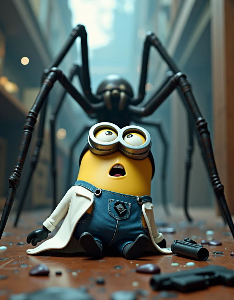 Minion Kevin white scientist suit. under attack by giant spiders. Minion Kelvin lies on the floor with a frightened look on his face. The scene is chaotic. There is a gun next to him. 