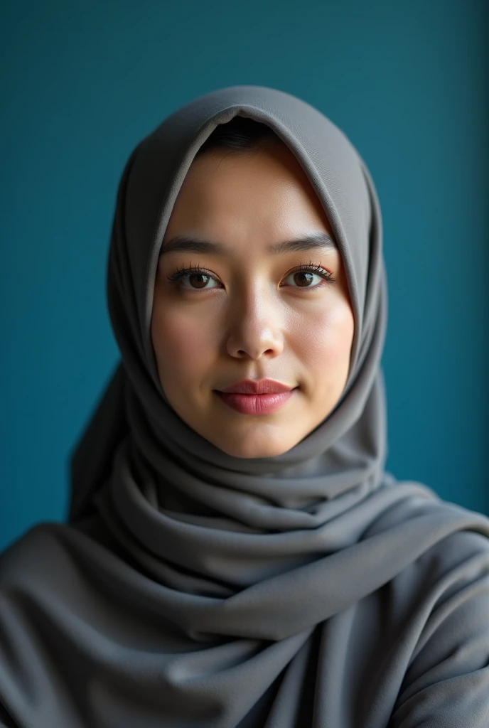 Half body portrait .Hijab girl in studio . Two light photography. Shoot by canon r1. Two soft light come from godox v1.. blue background. pink lips. flat nose. Broad forehead . Wear a scarf. Clean eyes. 40 years old. A Johor woman from a Malaysian village