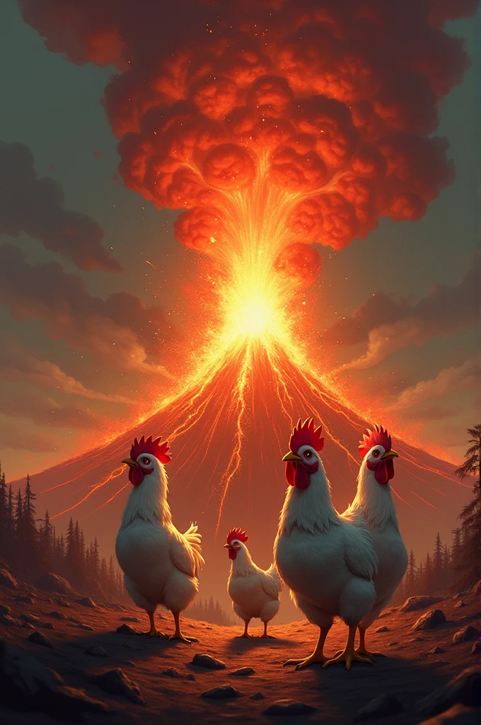 A picture depicting a volcano eruption and chickens screaming in the distance. The text "Harr..t!" should be written underneath the design.