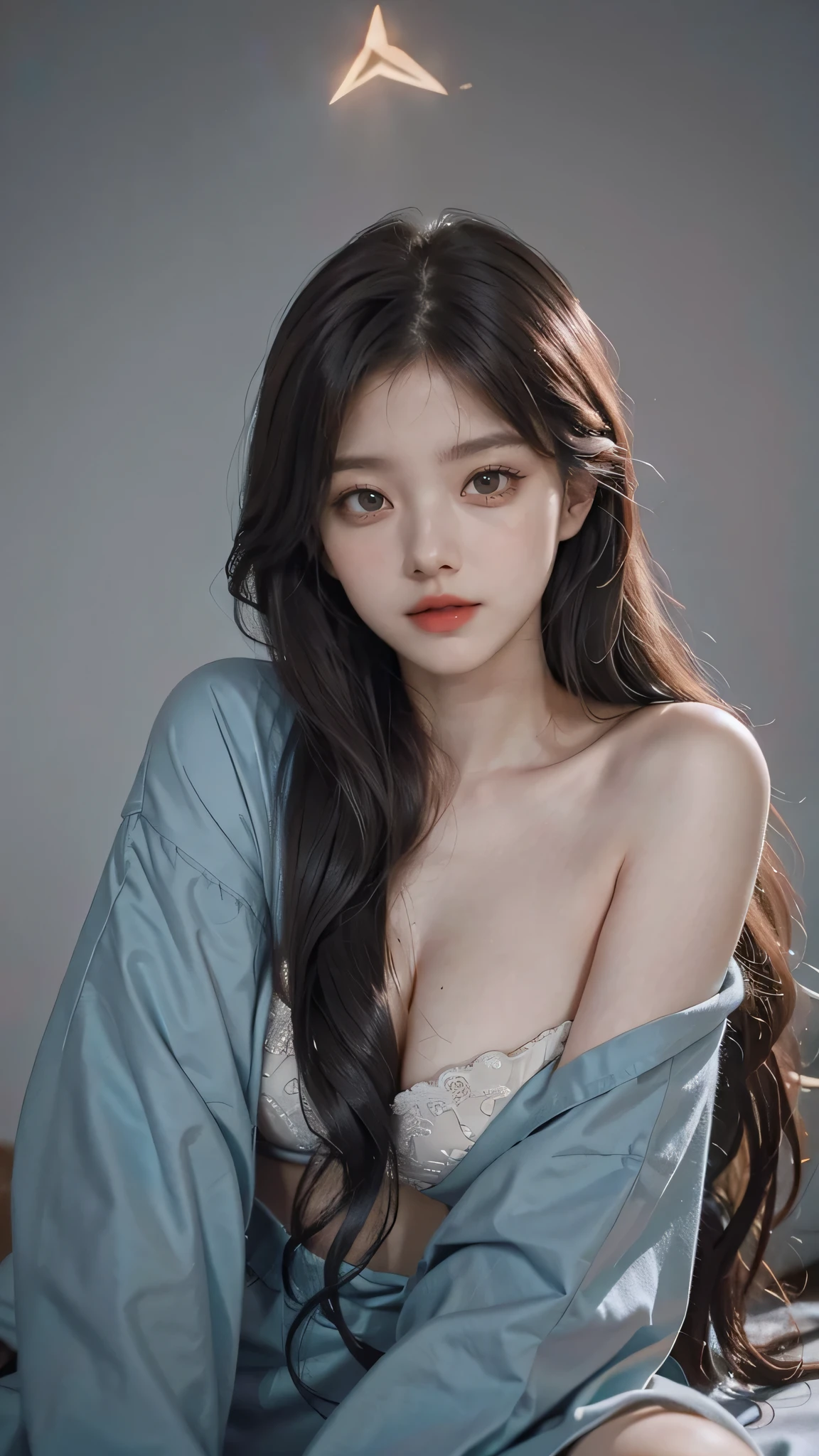 Girl wearing, luxury cyan coat, shoulder length hair, wavy hair, glowing skin, star in eye, red lips, grey background, cute poses
