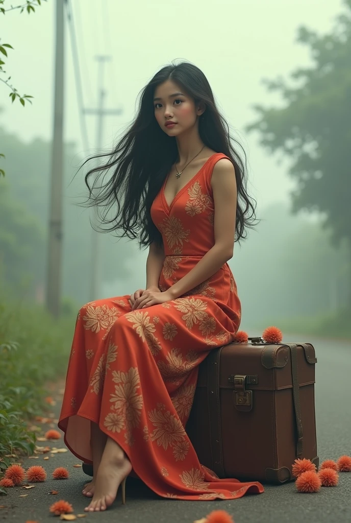 Different mood busty american with large eyes woman large eyes with very two long hair, clutched in beautiful traditional Malaysia dress, Digital art, by IrinaKapi. in trampled shoes is sitting on an old suitcase on the side of the road, light fog. Withered flowers.light smile, clin skinomy, illustrative, painterly, detailed, UHD drawing, pen and ink, perfect composition, beautiful detailed intricate insanely detailed octane render trending on artstation, 8k artistic photography, photorealistic concept art, soft natural, all in one frame