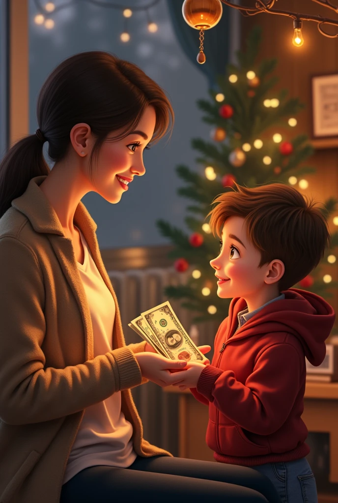 a woman giving a child some money to buy his Christmas gift