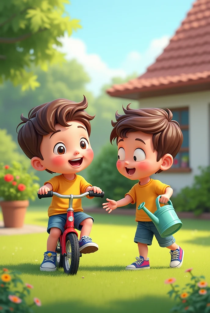 Twins cartoon boy in their home of age fiv e year age. Both are in their lawn one is on cycle and 2nd is watering the plant