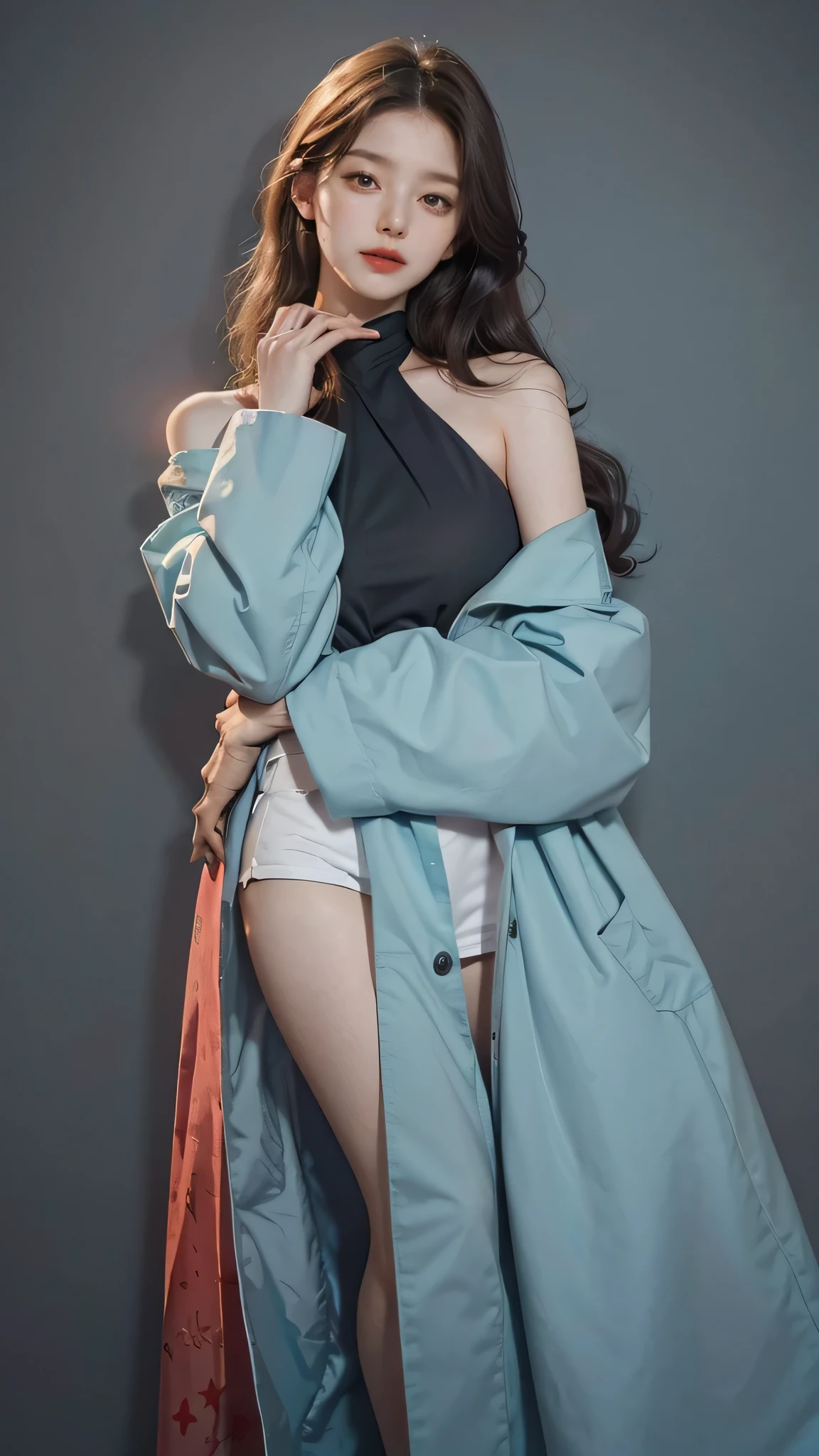 Girl wearing, luxury  cyan coat, shoulder length hair, wavy hair, glowing skin, star in eye, red lips, grey  background, cute poses 