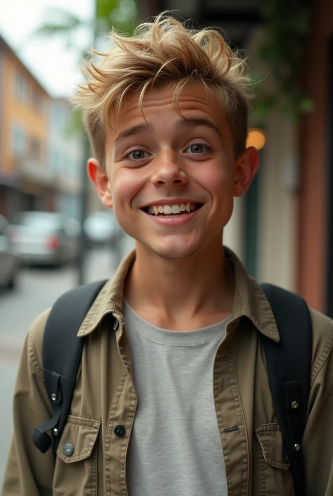 create 17 year old, average looking blonde, blue eyes, looking directly into camera, upper body selfie, wearing casual clothes, side view