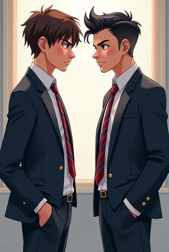 image of 2 boys in their school uniform white long sleeves with red and blue striped neck tie and dark blue blazer. one on the right has short gelled up black hair, brown eye, chiseled jaw and diamond shaped face well build, a height of 6'1 feet and has olive skin tone, he's italian-german. the other one on the right has mid length wavy brown hair, hazel eye, soft chiseled heart shape face, a height of 6'0 feet, he's italian and has light olive skin. both of them on side view looking at each other angrily.