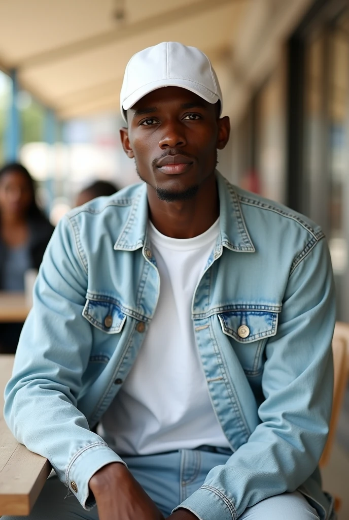 best qualityer:1.4), (ultra high resolution:1.2), (photorrealistic:1.4), (8k, CRU photo:1.2), a thin young man of 20 years old, skin black, with a smooth, beardless face, corte de cabelo buzzcut. He is wearing a white shirt and light jeans.. He is wearing a light denim jacket. is wearing a white cap. He is sitting at a mall table. thin build. 1,75cm tall. It's sunny. thin build. is looking at the camera. 1,75 cm tall. thin build