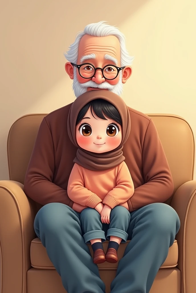 Cartoon with text:
(masterpiece, best quality, 4k, expressive eyes, perfect face, 2d style, flat style, hand drawn, drawing, perfect illustration, screencap), Cute and adorable face, big detailed eyes,, Cute little cartoon girl, with brown hijab on, bangs, ((peach sweater, baggy jeans, black socks)), sitting on a big old mans lap on the couch