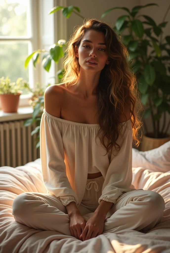 (photorealism:1.2), beautiful woman, sitting on bed, wearing loose off-shoulder top, pajama pants, long curly hair, indoors, soft lighting, plants in background, window with sunlight, cozy room, relaxed pose, realistic, intricate details, warm colors, by Greg Rutkowski, by Alphonse Mucha
