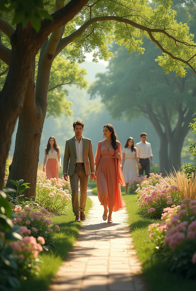 (photorealism:1.2), beautifully women and men walking on the garden written NOELA GWAMAKA