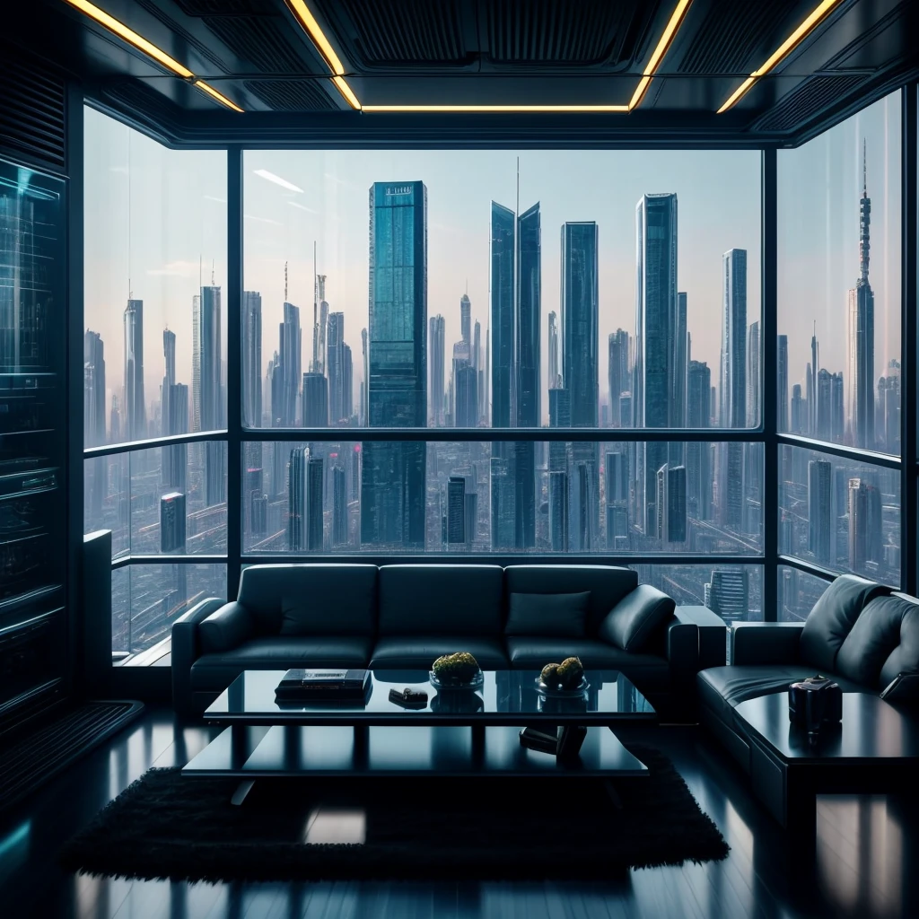 A realistic cyberpunk photo of an open kitchen into a living room, dining room of an apartment on the top floor of a skyscraper in a futuristic city. A man is finishing cooking, une legere fumee de cuison est aspirer par la hotte de cuisine integre a la plaque de cuisson. Very refined furniture, un femme est en train de parler avec un telephone transparent ultra duturiste dans la main. Elle est assise dans un canape hyper design, sur le table basse un ordinateur. From the brand :apple, ultra futuristic, is placed on the coffee table, professional files are available. cyberpunk vibe, ultra detail, ultra realistic, hyper cinematic, texture intense, contrast intense, 8k
