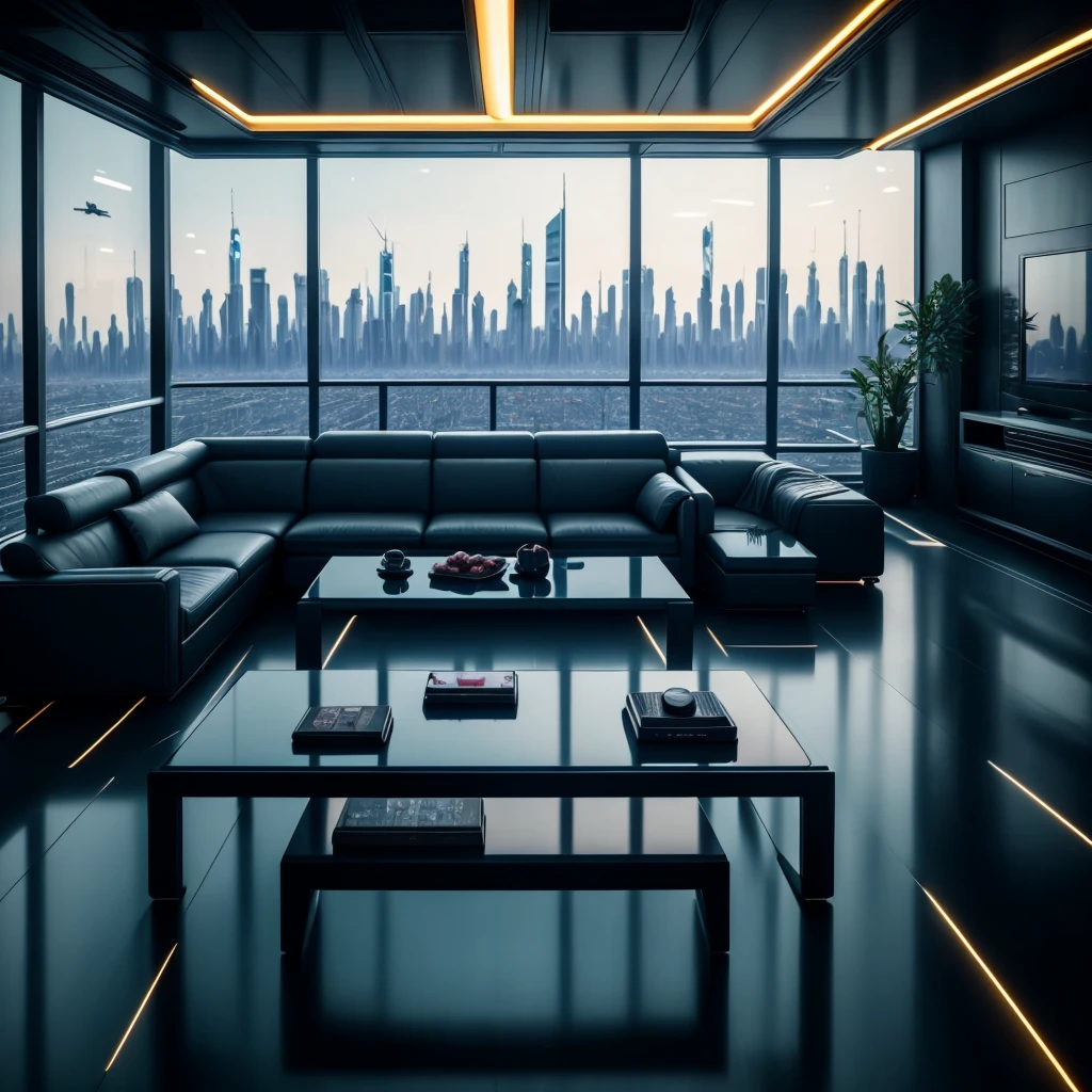 A realistic cyberpunk photo of an open kitchen into a living room, dining room of an apartment on the top floor of a skyscraper in a futuristic city. A man is finishing cooking, une legere fumee de cuison est aspirer par la hotte de cuisine integre a la plaque de cuisson. Very refined furniture, un femme est en train de parler avec un telephone transparent ultra duturiste dans la main. Elle est assise dans un canape hyper design, sur le table basse un ordinateur. From the brand :apple, ultra futuristic, is placed on the coffee table, professional files are available. cyberpunk vibe, ultra detail, ultra realistic, hyper cinematic, texture intense, contrast intense, 8k
