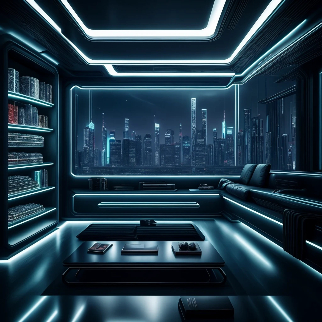 A realistic cyberpunk photo of an open kitchen into a living room, dining room of an apartment on the top floor of a skyscraper in a futuristic city. A man is finishing cooking, une legere fumee de cuison est aspirer par la hotte de cuisine integre a la plaque de cuisson. Very refined furniture, un femme est en train de parler avec un telephone transparent ultra duturiste dans la main. Elle est assise dans un canape hyper design, sur le table basse un ordinateur. From the brand :apple, ultra futuristic, is placed on the coffee table, professional files are available. cyberpunk vibe, ultra detail, ultra realistic, hyper cinematic, texture intense, contrast intense, 8k
