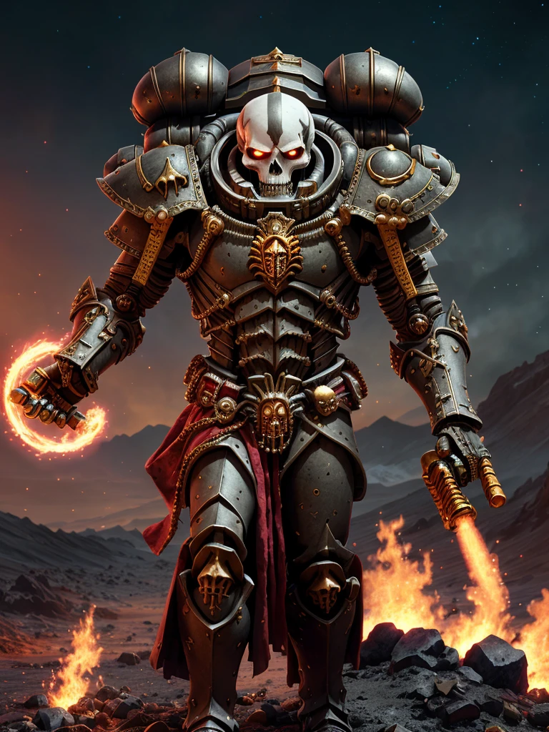 skeleton,warhammer 40k,space marine,intricate ornamented black gold ruby armor,adepta sororitas,dynamic posture,male,Polar desert landscape background,volumetric cinematic lighting,highly detailed skull,realistic reflections,