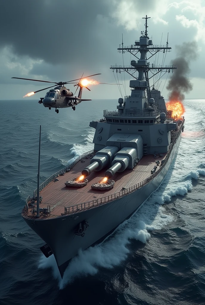 Ship and helicopter fire,detailed realistic, Cinematic viee