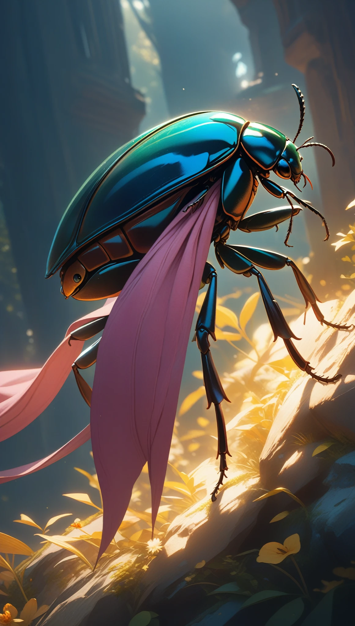 Flower beetle (length:1.2) pink (scarf:1.3), A beetle with arms and a head, (Dark Shot:1.17), Spectacular and realistic, Faded, ((Neutral Color)), art, (High resolution:1.5), (Calm colors:1.2), Ultra-detailed, (artstation:1.5), Cinematic, Warm Light, Dramatic Light, (Intricate details:1.1), Complex background, (Rutkowski:0.8), (blue green and orange:0.4), ((32K)), ((best quality)), ((ultra high res)), ((HDR)), ((uhd)), ((extremely detailed CG)), ((unity 32K wallpaper)), 