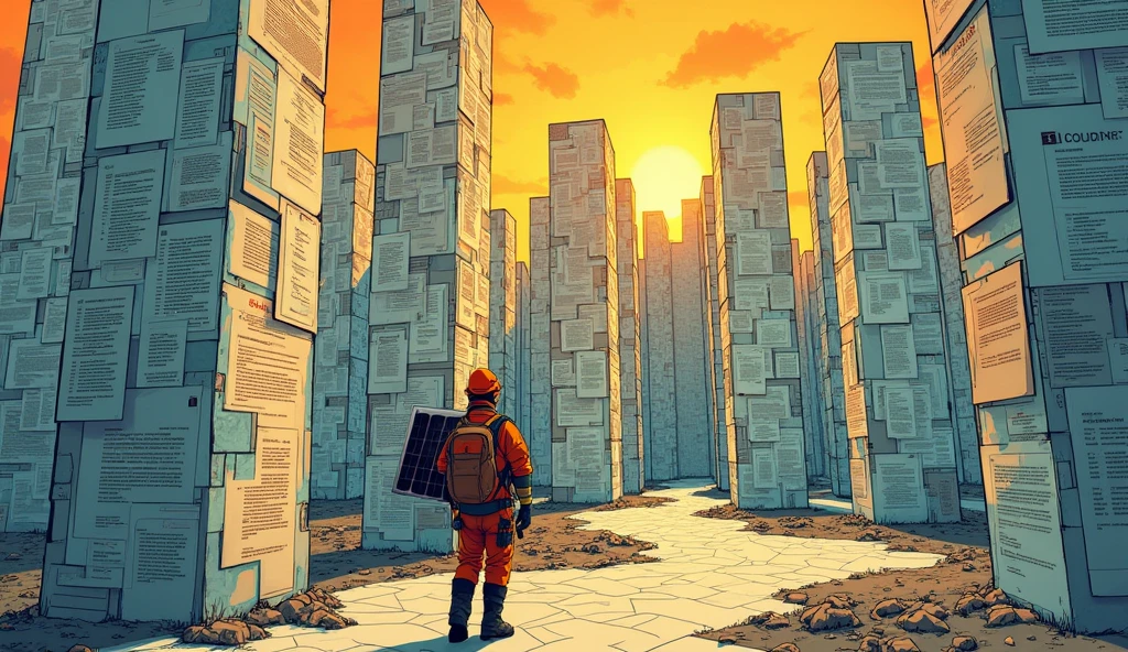(Comic Book), Un labyrinthe avec des murs très hauts, faits de formulaires CONSUEL et de documents ENEDIS. L'installateur avec tous les équipement de sécurité, regardant l'immensité des murs, portant un panneau solaire qui dépasse de son dos, essaie de naviguer à l'intérieur de ce labyrinthe